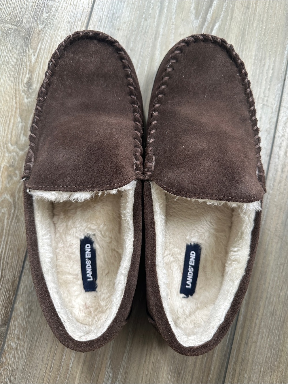 Lands' End Men's Dark Brown Suede Moccasin Slippers with Cream Lining